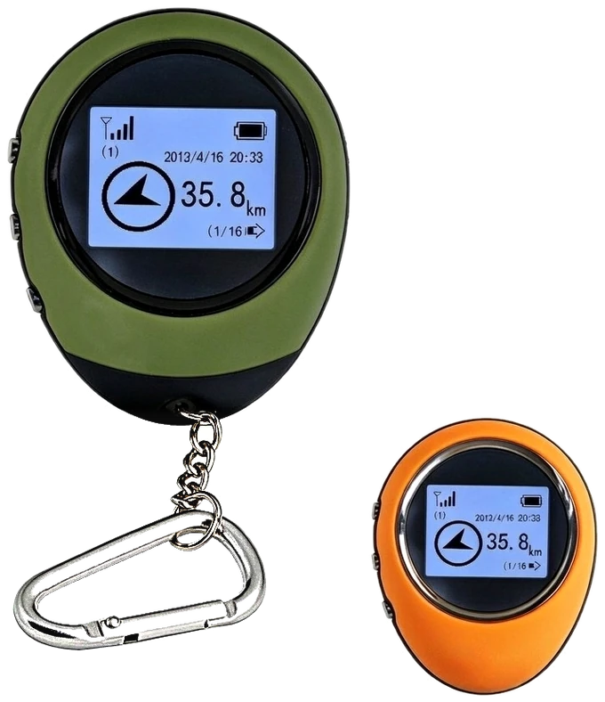 Mini GPS Path Finder — olive and orange devices with carabiner